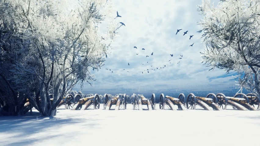 Medieval cannons in the winter field, in the snow on a cloudy day, before the battle