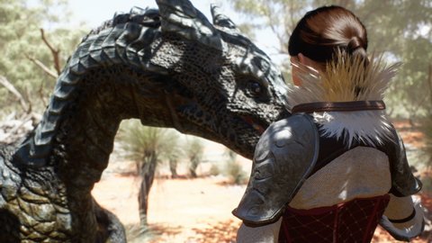 The warrior girl and her beloved dragon met after a long separation. The girl was created using 3D computer graphics. The animation is designed for historical or fantasy backgrounds.3D rendering