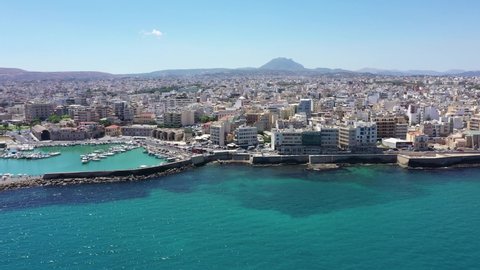 Aerial Drone Video Footage of Heraklion city in Crete from the sea 