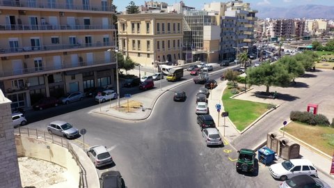 Aerial Drone Video Footage above Heraklion city in Crete with cars passing