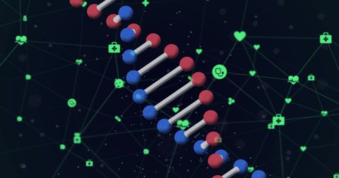 Animation of rotating 3d dna strand, with network of green icons on black. global medical science research technology and data communication concept, digitally generated video.