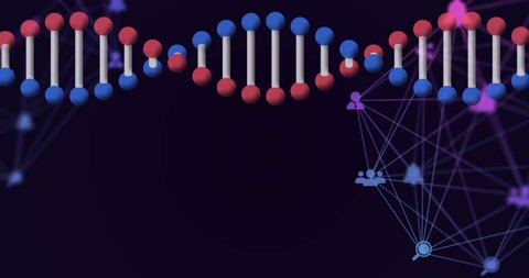 Animation of rotating 3d dna strand, with network of connected icons on black. global medical science research technology, digital data and communication concept, digitally generated video.