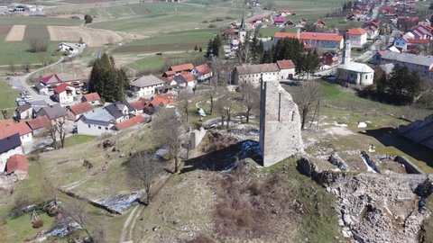 Brinje , Lika , Croatia - 04 16 2021: Sokolac Castle Brinje Croatia aerial footage