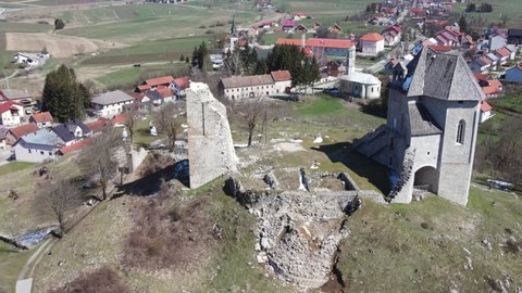 Brinje , Lika , Croatia - 04 16 2021: Ruins of a castle on top of the hill