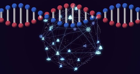 Animation of rotating 3d dna strand, with globe network of connected icons, on black. global medical science research technology, digital data and communication concept, digitally generated video.