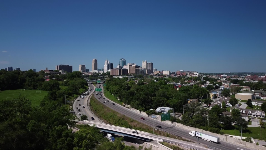 Kansas City, MO  USA - June 4th 2021: Kansas City aerial with expressway