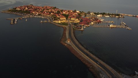 Nessebar, Bulgaria June 2021. Aerial video made with a drone over the old town of Nessebar, which is under the protection of UNESCO.