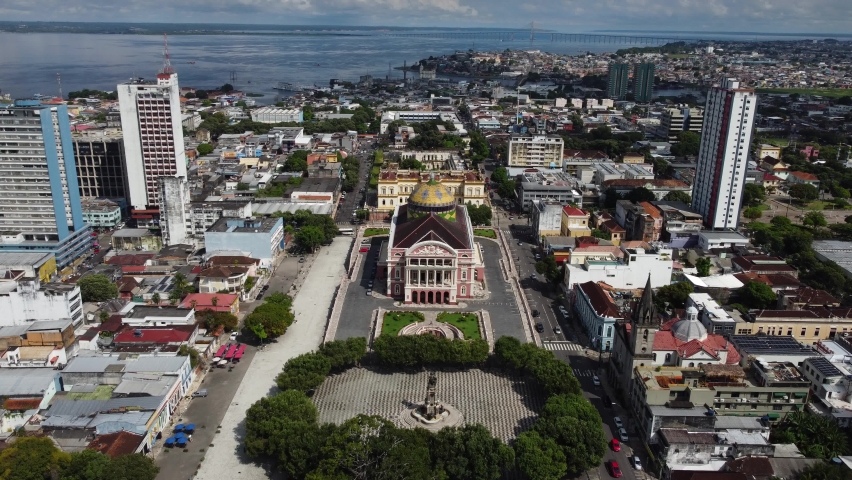 Aerial view of Amazon theater located in downtown Manaus, Amazonas state, Brazil.