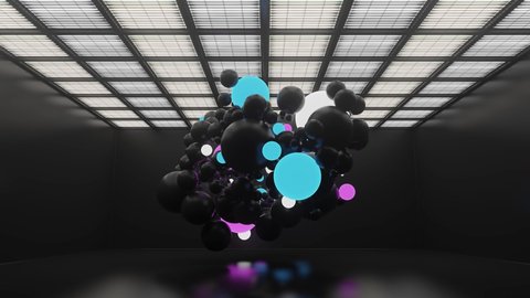 3d render of sphere or balls with illumination and reflective ones are interacting inside of dark clean interior with lamps and empty walls.
