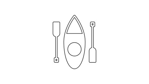 Black line Kayak and paddle icon isolated on white background. Kayak and canoe for fishing and tourism. Outdoor activities. 4K Video motion graphic animation.