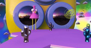 Minimal 3d art. Animated stylish funny character Lady in creative cactus space. Trendy color combination, loop motion, 4k video.