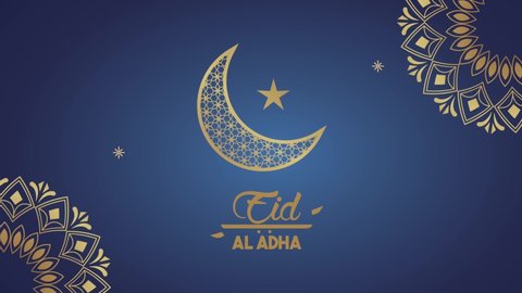 eid aladha golden lettering with crescent moon and mandalas ,4k video animated