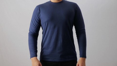 Blank long sleeved shirt mock up template, front view, Asian man wear plain dark navy blue t-shirt isolated on white. Tee design mockup presentation for print