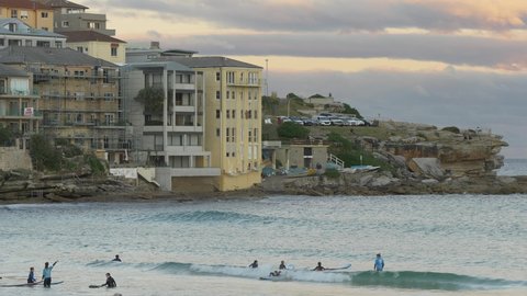 SYDNEY, NSW, AUSTRALIA, JUNE 17 2021. End of the day surfing at Bondi Australia, slow motion.