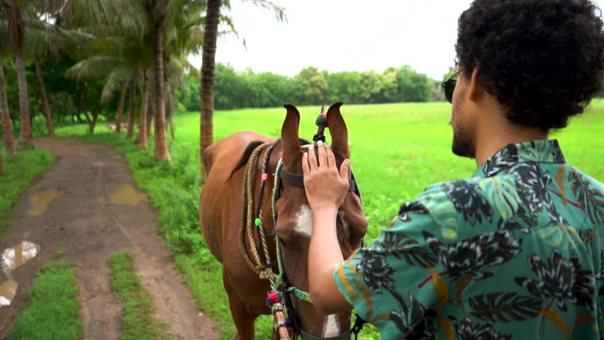 Young handsome man with brown horse.