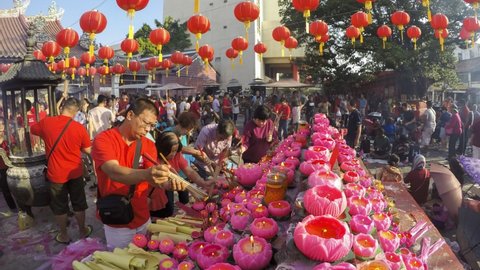 Georgetown , Penang , Malaysia - 02 04 2019: Chinese devotees pray at chinese temple in first day chinese new year