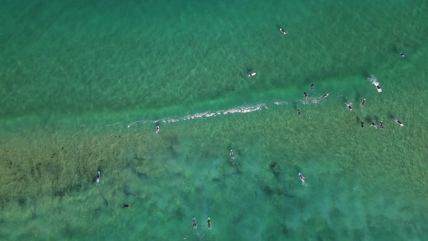 Top View Of Surfers On Bright Blue Ocean Surface With Waves Splashing. Surfing At Bondi Beach In Summer. aerial Royalty-Free Stock Footage #1074481655