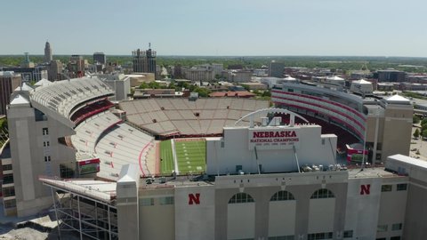 Lincoln , Nebraska , United States - 06 12 2021: Beautiful Establishing Aerial Shot of Memorial Stadium, Home of the Nebraska Huskers (Cornhuskers) Football Team