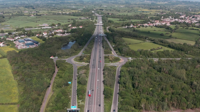Drone shot of english side of prince of wales bridge M4 Motorway roundabout