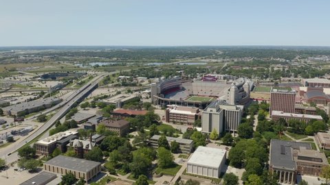 Lincoln , Nebraska , United States - 06 12 2021: Aerial Establishing Shot of Nebraska Huskers' Memorial Stadium