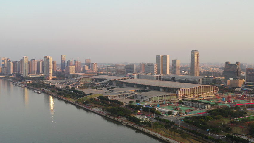 Empty Canton Fair complex during COVID-19 pandemic, Guangzhou, Guangdong, China. Aerial shot.