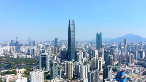 Shenzhen , China - 03 19 2021: Shenzhen skyline including Kingkey Finance Tower KK100, the second tallest skyscraper in Shenzhen, Aerial view.