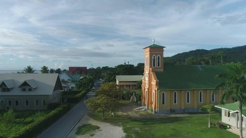 Seychelles, La Digue Island-01.05.2021 Drone video of a Catholic church close-up on the island of La Digue, Seychelles.