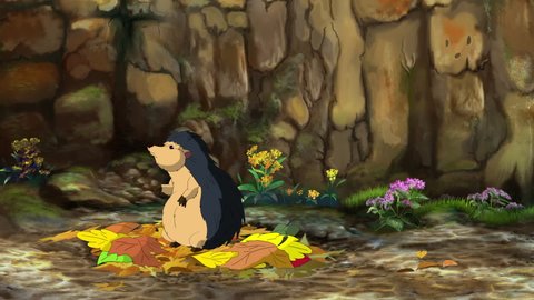The hedgehog wakes up in the leaves and falls asleep again. Handmade HD animation