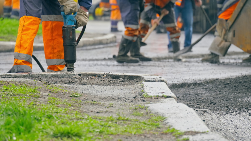 Road repair industry asphalt construction traffic transport Royalty-Free Stock Footage #1074501299