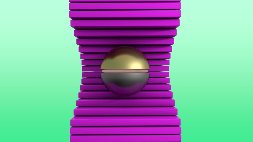 Loop 3d animation of pink tiles that go to the side and allow the sphere of gold and silver to fall to the bottom. Abstract background, motion design.