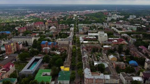 City panorama. View of houses and streets in the center of Poltava. Central pedestrian street. Drone Video. Ukraine. Europe