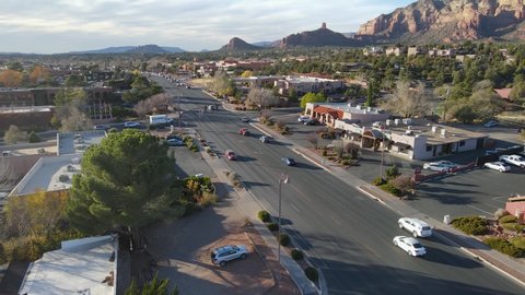 Sedona , Arizona , United States - 09 15 2019: Road traffic on Arizona State Route in West Sedona USA, aerial view
