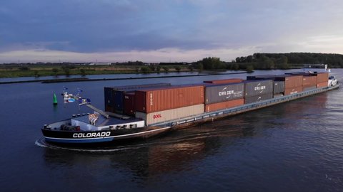 Rotterdam , Netherlands - 05 12 2021: Inland Vessel Of Colorado With Bulk Of Intermodal Container