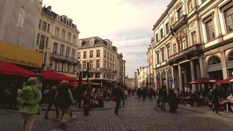 Brussels , Brussels , Belgium - 08 16 2019: Timelapse of crowded streets of Central Brussels