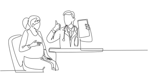 Animation of one line drawing of happy obstetrician doctor checking up pregnancy mom and tell good result. Medical healthcare service concept. Continuous line self drawing animated. Full length motion