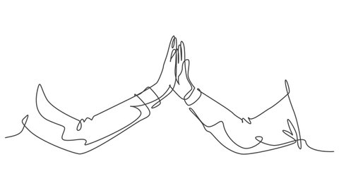 Animation of one line drawing of men giving high fives gesture hands wearing office clothes to celebrate success. Business teamwork concept. Continuous line self drawing animated. Full length motion.