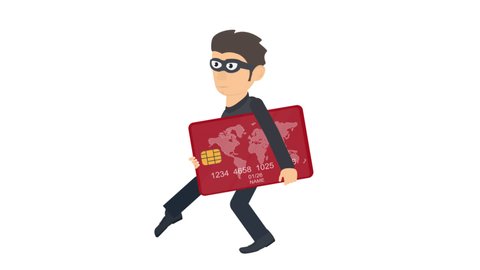 Thief with a credit card. Hacker animation, alpha channel enabled. Cartoon