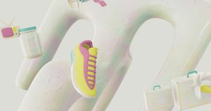 Creative Minimal 3d art. Animated stylish sneakers shoes in geometric abstract space. Trendy color combination, dynamics, Loop motion, 4k video.