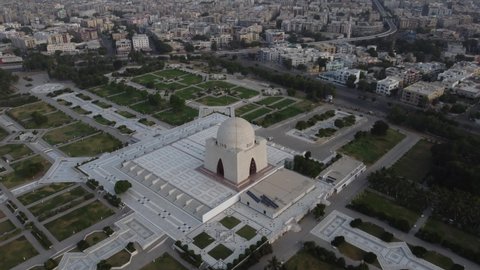 Karachi Pakistan 2021, aerial footage of Mazar-e-Quaid also known as tomb of Quaid-e-Azam, landmarks of karachi pakistan, tourist destination, cityscape