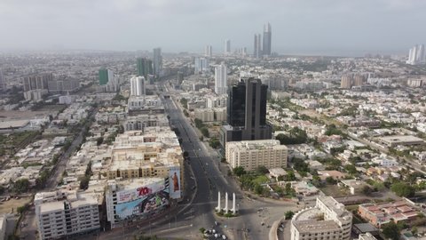 karachi pakistan 2021,  aerial footage of cityscape and landmarks of karachi city, aerial image of HBL tower near teen talwar, Business hub of Pakistan
