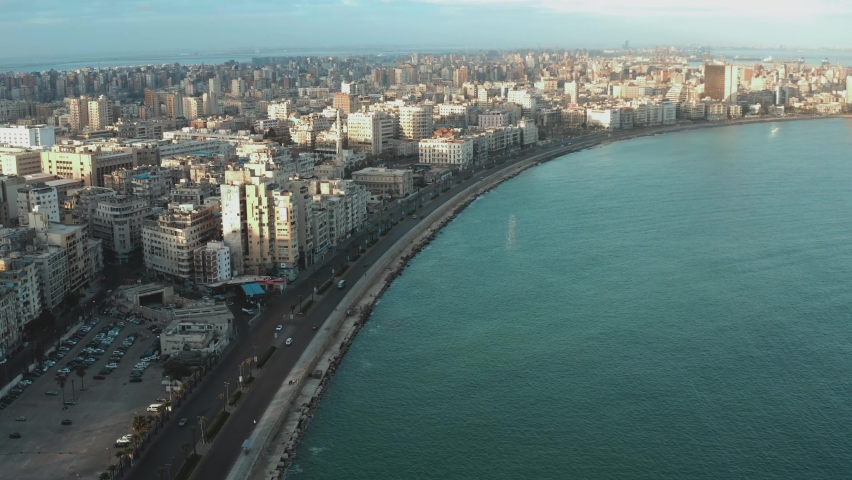 Drone footage of the Mediterranean Corniche in Alexandria