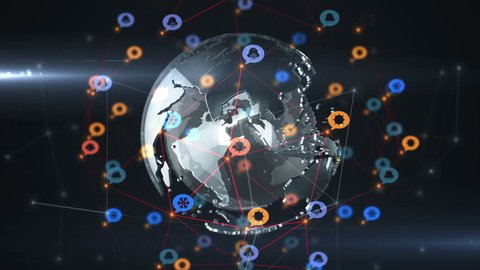 Abstract background of technology network with rotation of glassed earth globe. Animation of rotation abstract lines and dots linking network with weather icons. Animation of seamless loop.