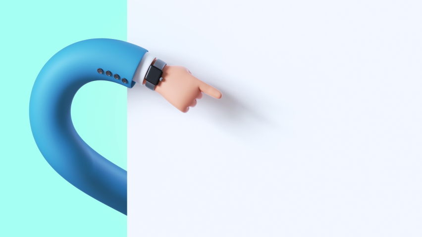 3d animation, flexible cartoon character businessman hand in blue sleeve, finger points down, blank page mockup. Commercial offer business concept isolated on blue background