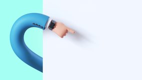 3d animation, flexible cartoon character businessman hand in blue sleeve, finger points down, blank page mockup. Commercial offer business concept isolated on blue background - Powered by Shutterstock - Get 15% off with code: PIKWIZARD15
