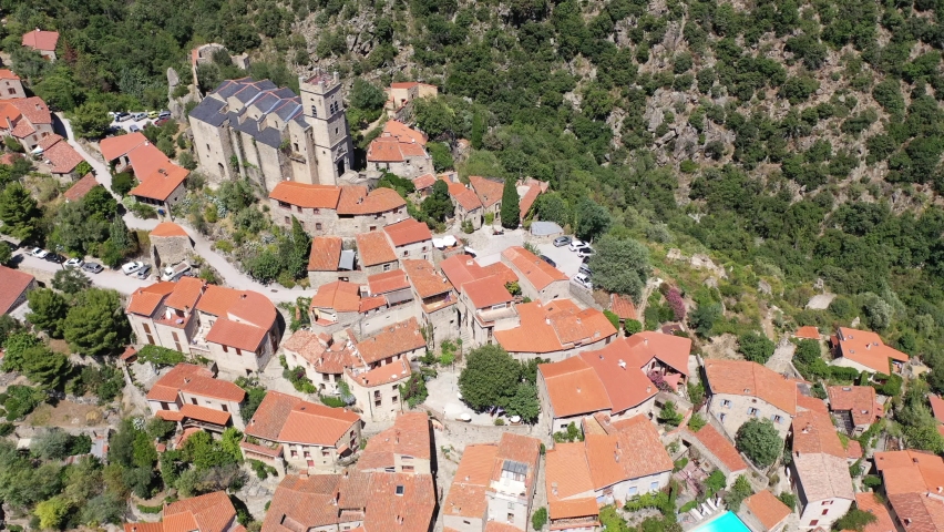 Panoramic view from above on the city Eus. Small town located on high mountain. Eastern Pyrenees. France. High quality 4k footage