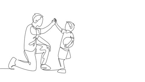 Animation of one line drawing of father bow his body to give high five gesture to his boy. Parenting family care concept. Continuous line self drawing animated illustration. Full length motion.