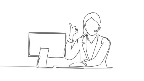 Self drawing animation of single line draw female call center worker sitting in front of computer and answering phone. Customer service concept. Continuous line draw. Full length animated illustration