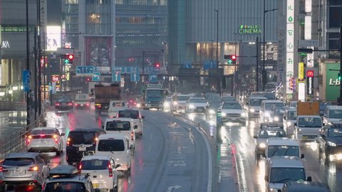 Tokyo , Japan - 01 28 2021: Traffics Moving Slowly in Shinjuku.