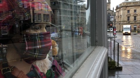 Edinburgh , Scotland , United Kingdom (UK) - 01 13 2021: Tartan face mask in Edinburgh, Scotland, UK. 11.01.21