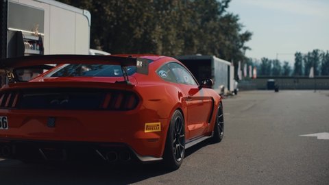 Mission , British Columbia , Canada - 09 14 2018: Modified Performance Red Ford Mustang GT3 at Speedway Before Race.